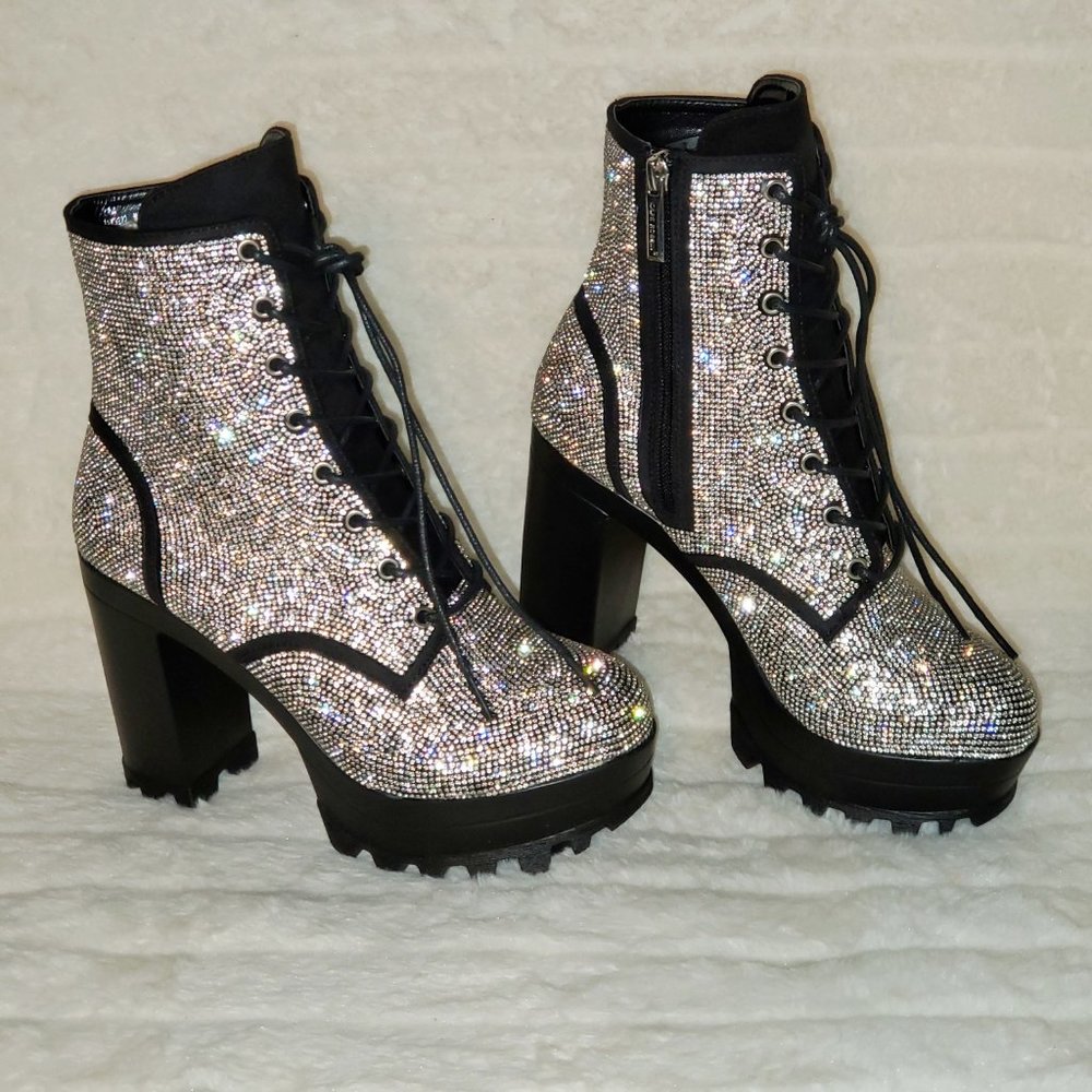 Cape Robbin Silver Crystal Lace-Up Platform Ankle Boots - Picture 4 of 15